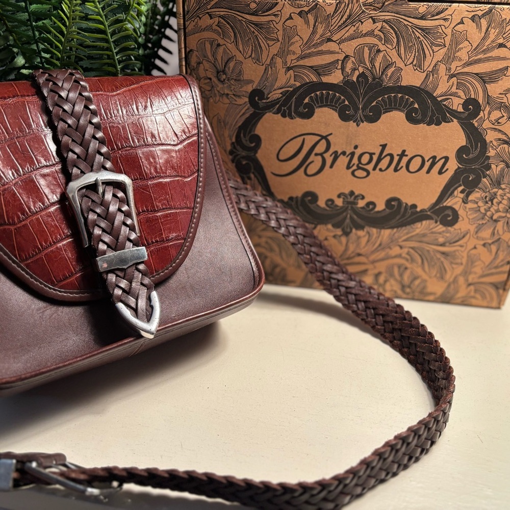 Brighton Croc & Brown Leather Crossbody Bag with Braided Strap
